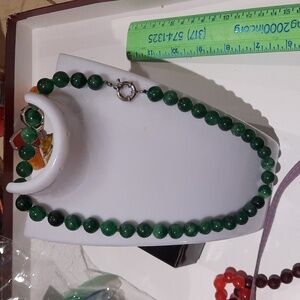 New Authentic Genuine Malachite May Birthstone Beaded Necklace 17" Rhodium